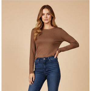 C&C California Tan Brown Pima Cotton Ribbed Long Sleeve Casual T-Shirt Size XL